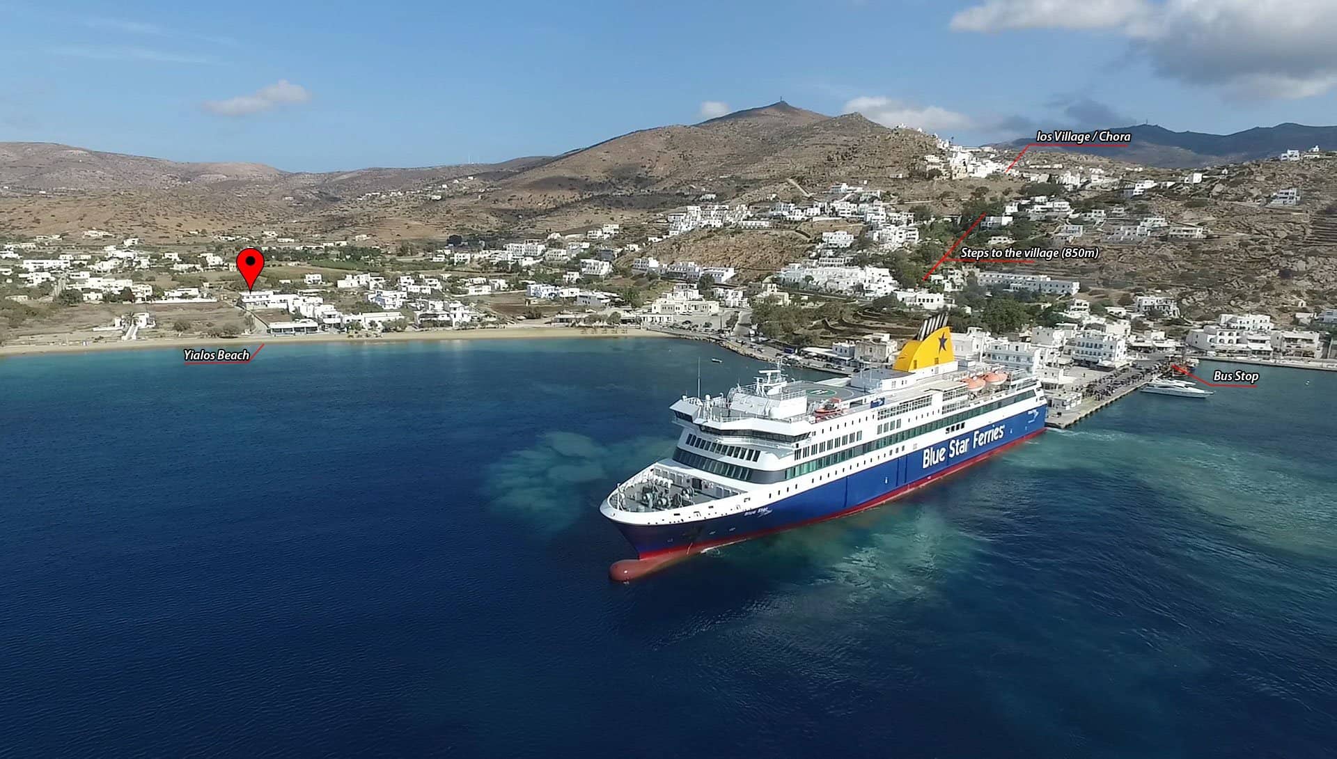 Map showing Helena Hotel near Yialos Beach in Ios